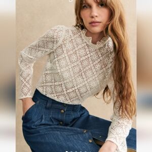 Sezane Eglantine Lace Blouse in Ecru, Size 4, French Romantic NWT